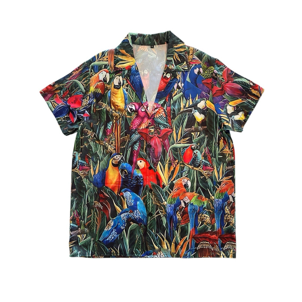 Men's Hawaiian XL Luau Party Shirt Macaw Parrots Button-down Shirt Multicolored